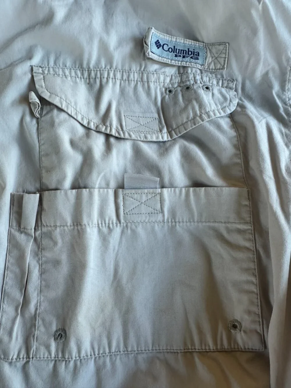 Columbia PFG Men's Light Brown SS Button Front Shirt Large Polyester Fishing Cam
